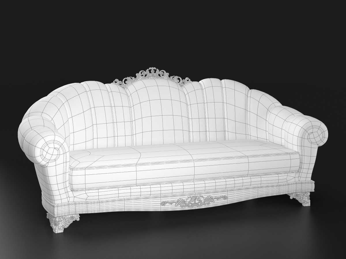 Wireframe view showing polygonal topology of sofa and carved decorative elements